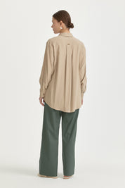 Modal Vintage Gömlek Yaka Basic Tunik - Bej