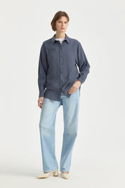 Modal Vintage Gömlek Yaka Basic Tunik - İndigo