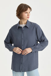 Modal Vintage Gömlek Yaka Basic Tunik - İndigo