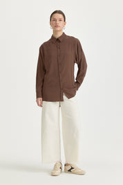 Modal Vintage Gömlek Yaka Basic Tunik - Kahve