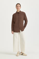 Modal Vintage Gömlek Yaka Basic Tunik - Kahve