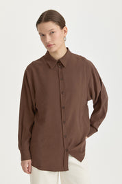 Modal Vintage Gömlek Yaka Basic Tunik - Kahve