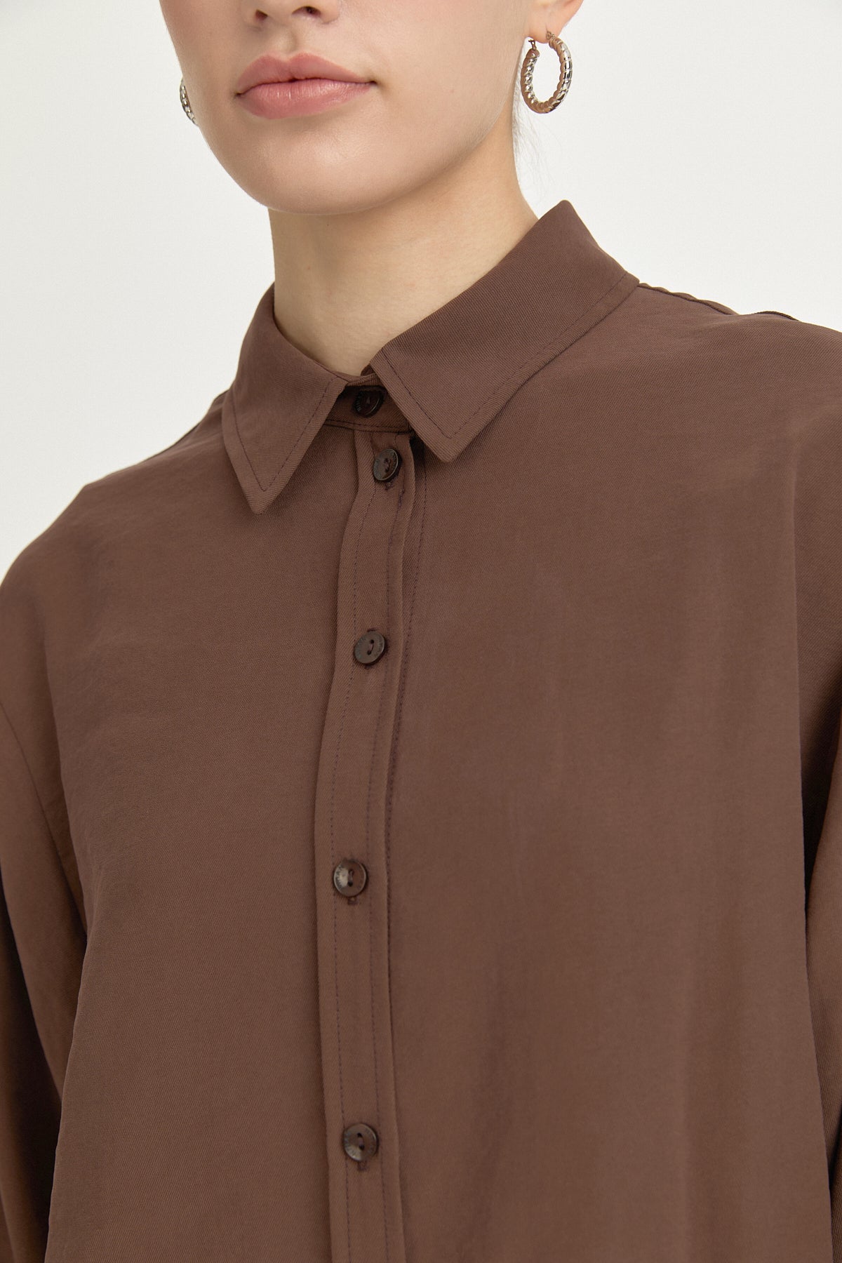 Modal Vintage Gömlek Yaka Basic Tunik - Kahve