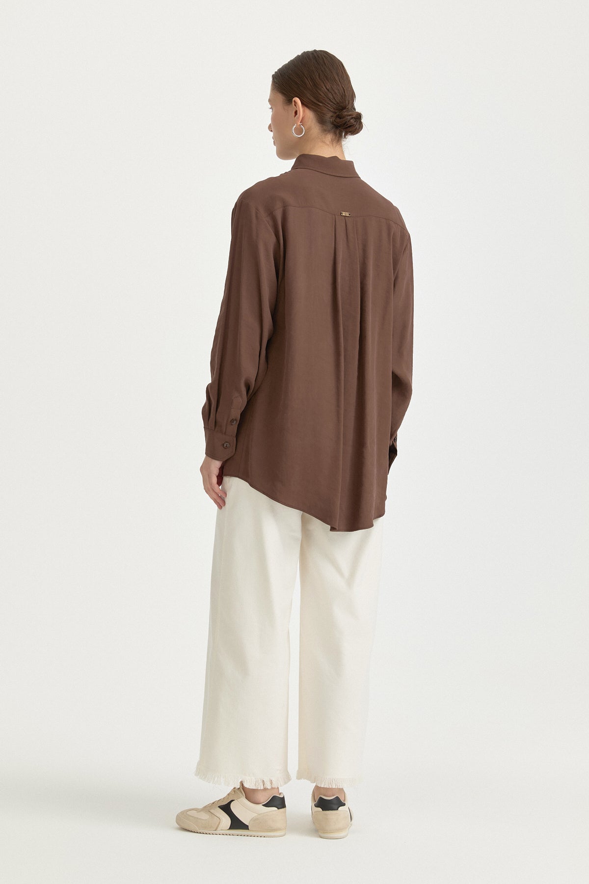 Modal Vintage Gömlek Yaka Basic Tunik - Kahve
