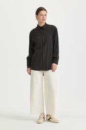 Modal Vintage Gömlek Yaka Basic Tunik - Siyah