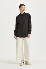Modal Vintage Gömlek Yaka Basic Tunik - Siyah