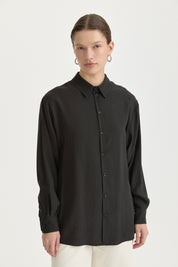 Modal Vintage Gömlek Yaka Basic Tunik - Siyah