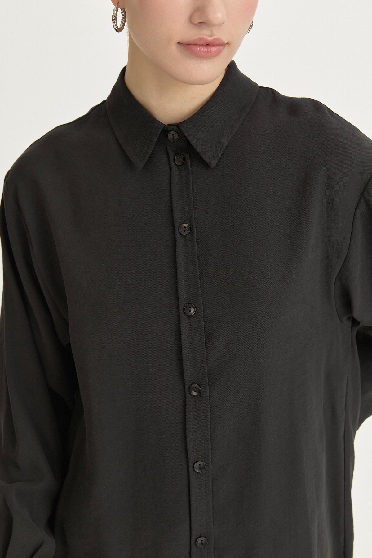 Modal Vintage Gömlek Yaka Basic Tunik - Siyah