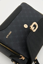 Monogram Kapaklı Çapraz Askılı Çanta - Siyah