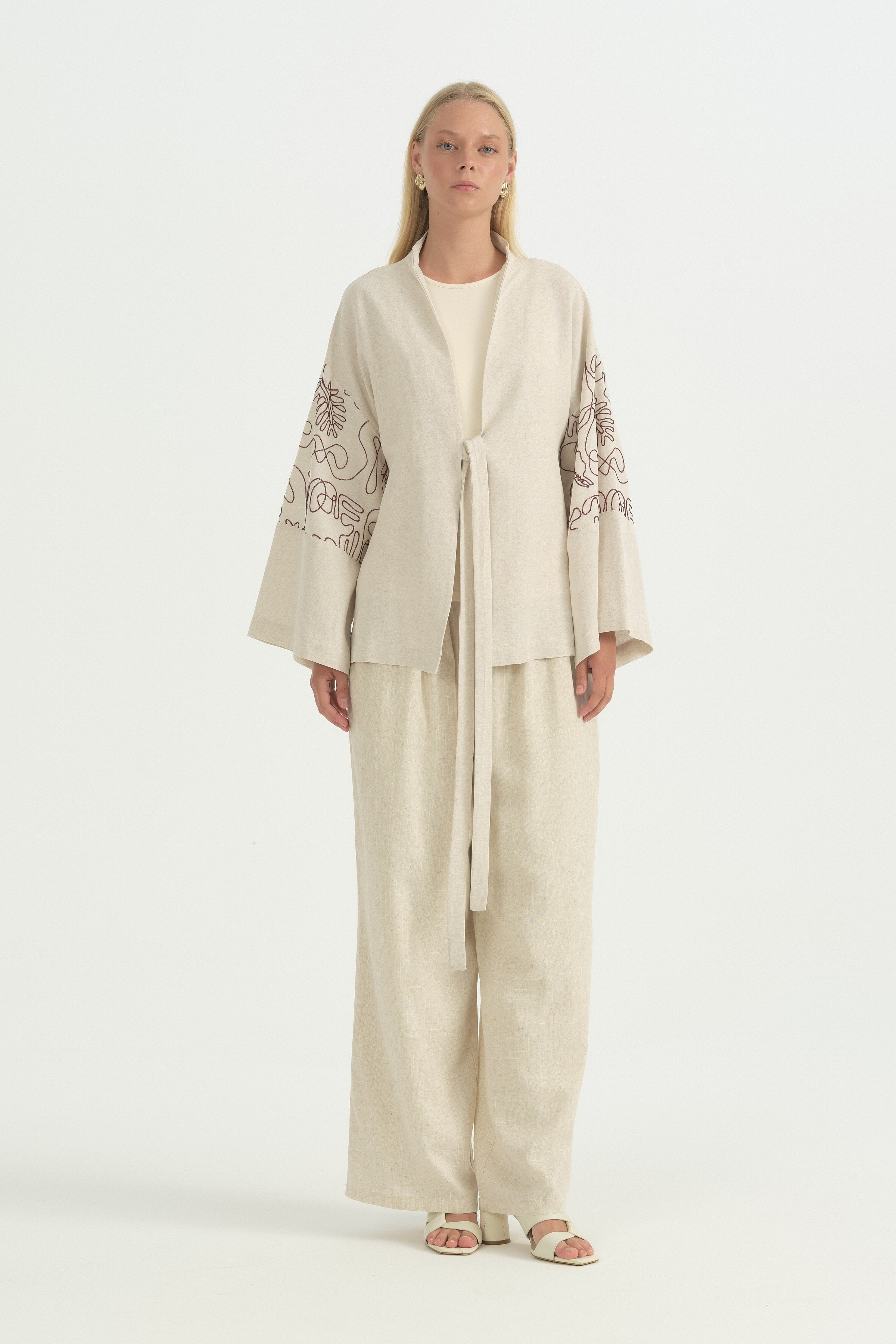 Nakış Detaylı Bağcıklı Pamuklu Kimono - Bordo
