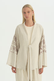 Nakış Detaylı Bağcıklı Pamuklu Kimono - Bordo