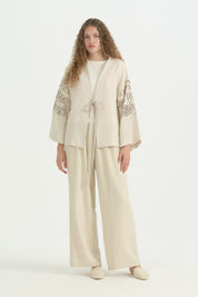 Nakış Detaylı Bağcıklı Pamuklu Kimono - Kahve