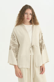 Nakış Detaylı Bağcıklı Pamuklu Kimono - Kahve