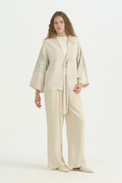 Nakış Detaylı Bağcıklı Pamuklu Kimono - Yeşil