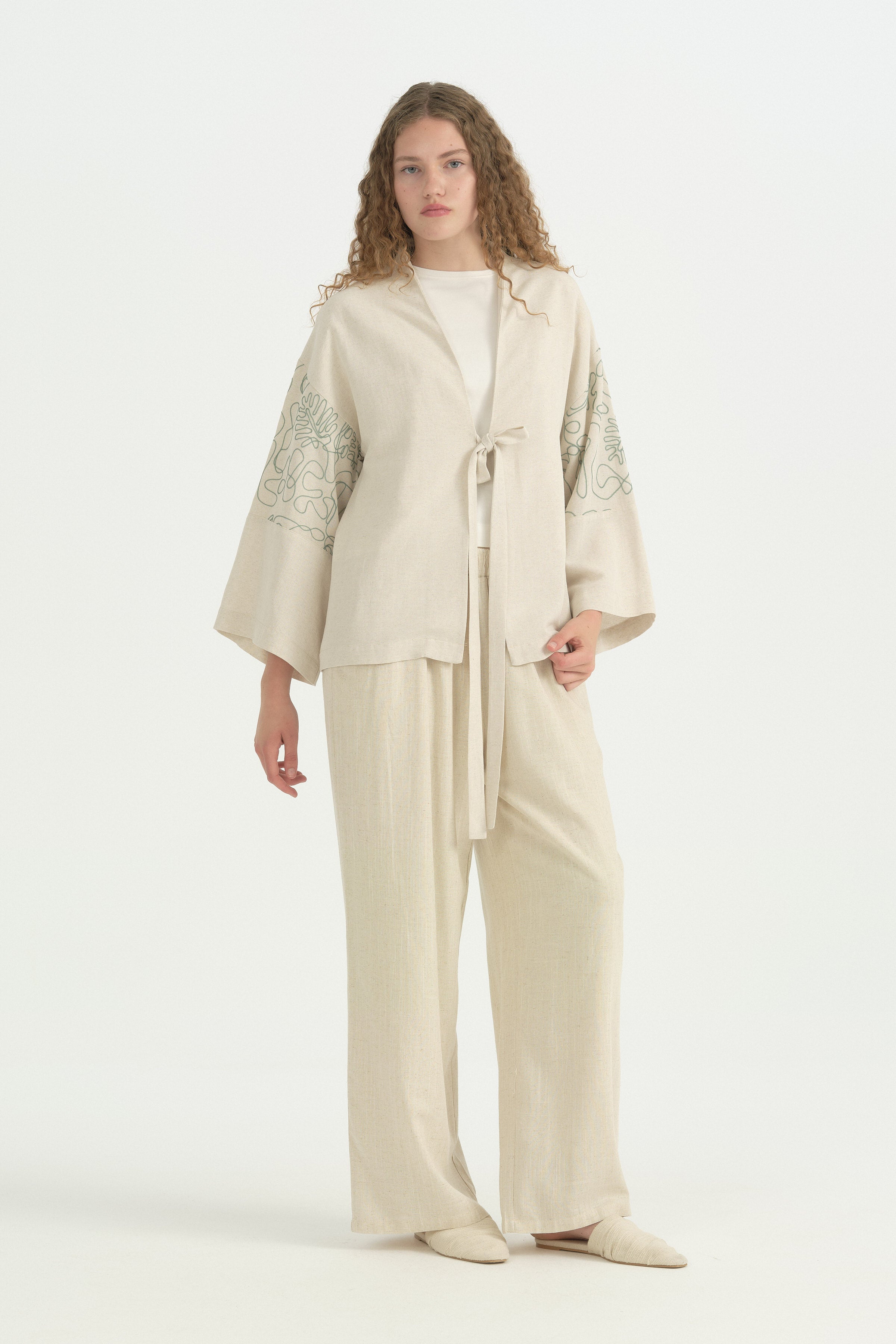 Nakış Detaylı Bağcıklı Pamuklu Kimono - Yeşil