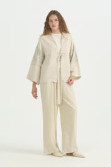 Nakış Detaylı Bağcıklı Pamuklu Kimono - Yeşil