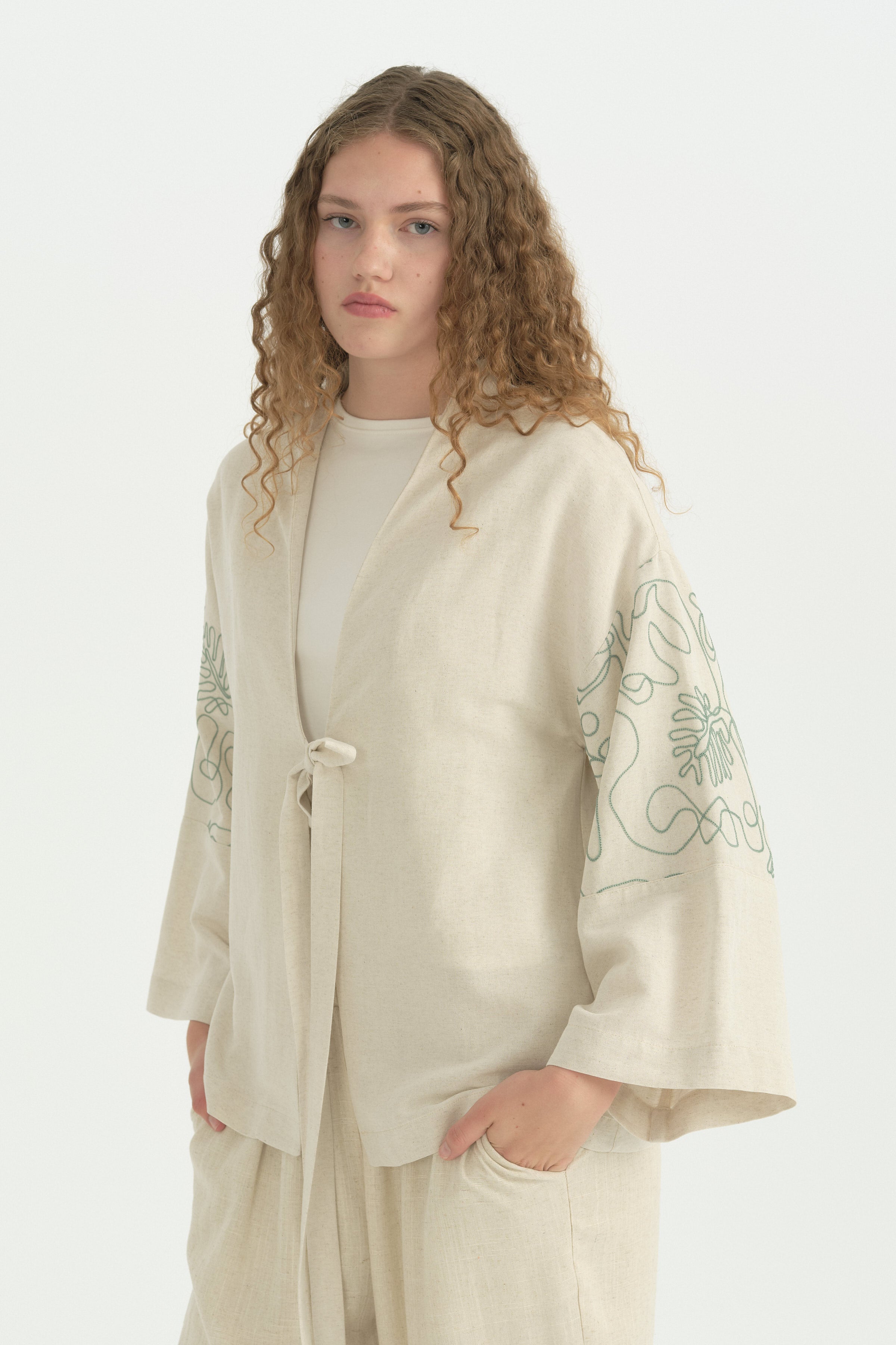 Nakış Detaylı Bağcıklı Pamuklu Kimono - Yeşil