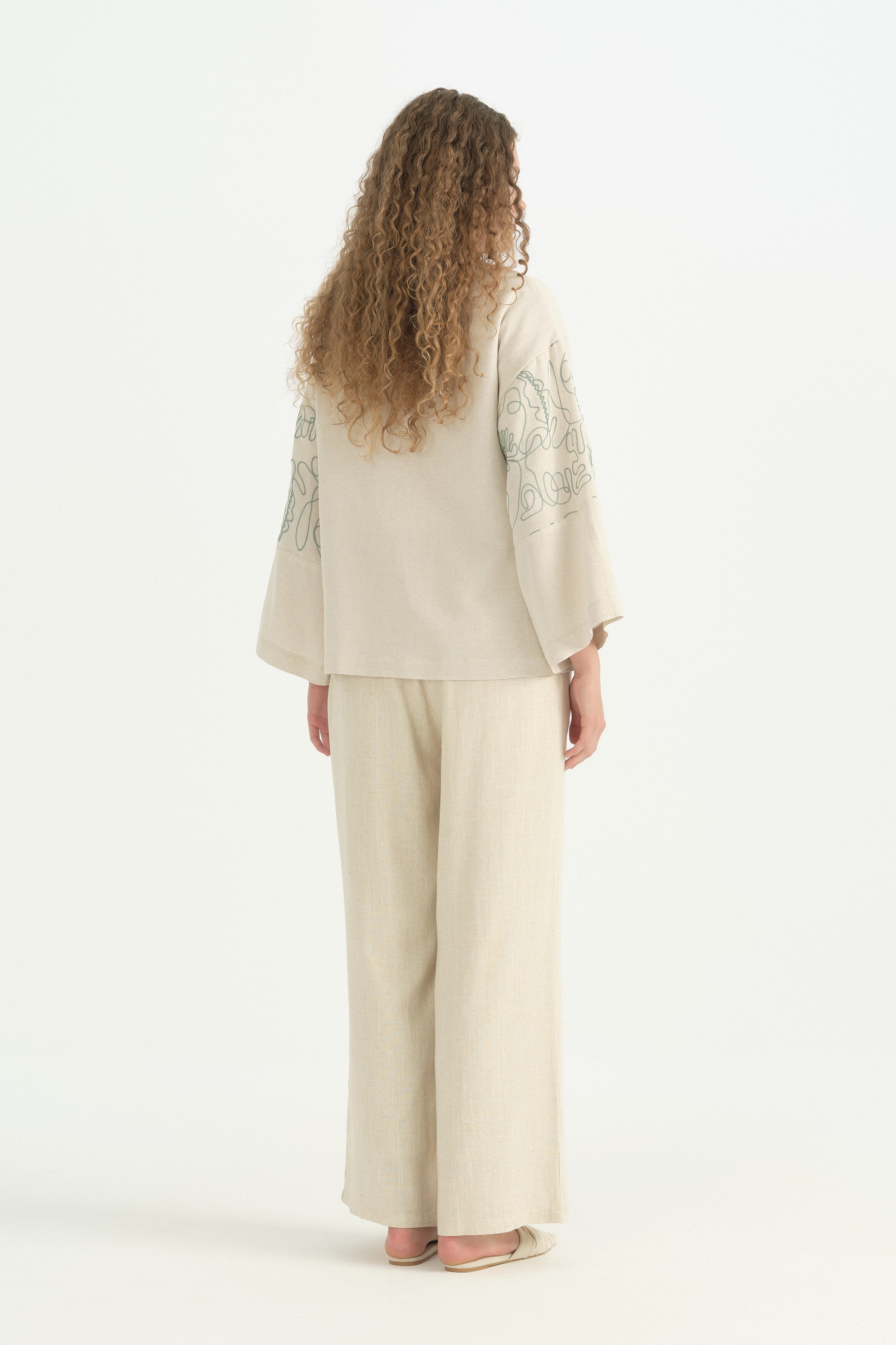 Nakış Detaylı Bağcıklı Pamuklu Kimono - Yeşil