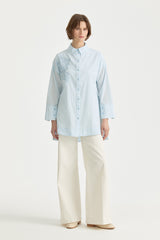 Embroidered Striped Cotton Tunic - Aqua