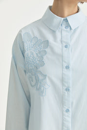 Embroidered Striped Cotton Tunic - Aqua
