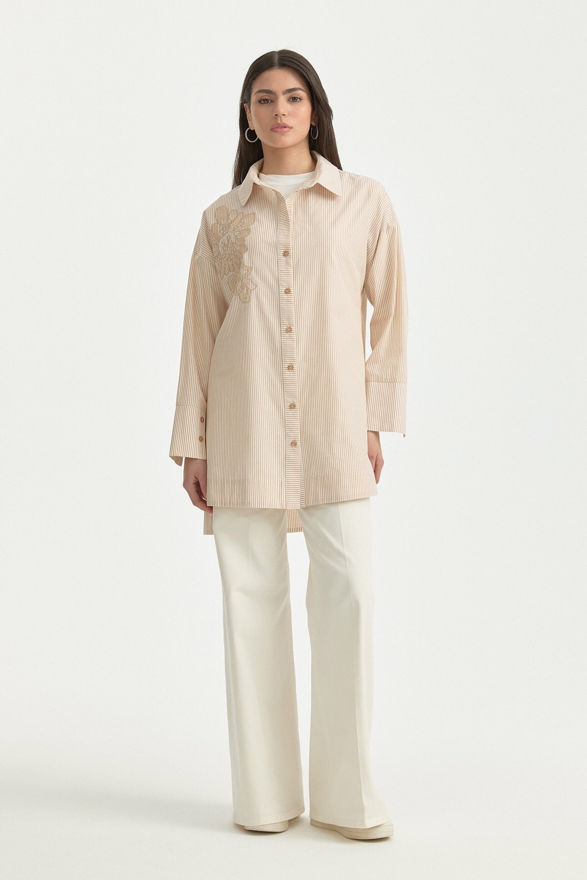 Nakış Detaylı Çizgili Pamuk Tunik - Camel