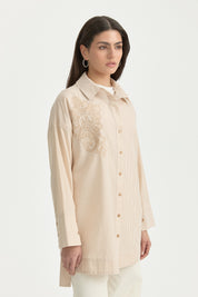Nakış Detaylı Çizgili Pamuk Tunik - Camel