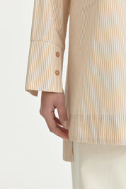 Nakış Detaylı Çizgili Pamuk Tunik - Camel