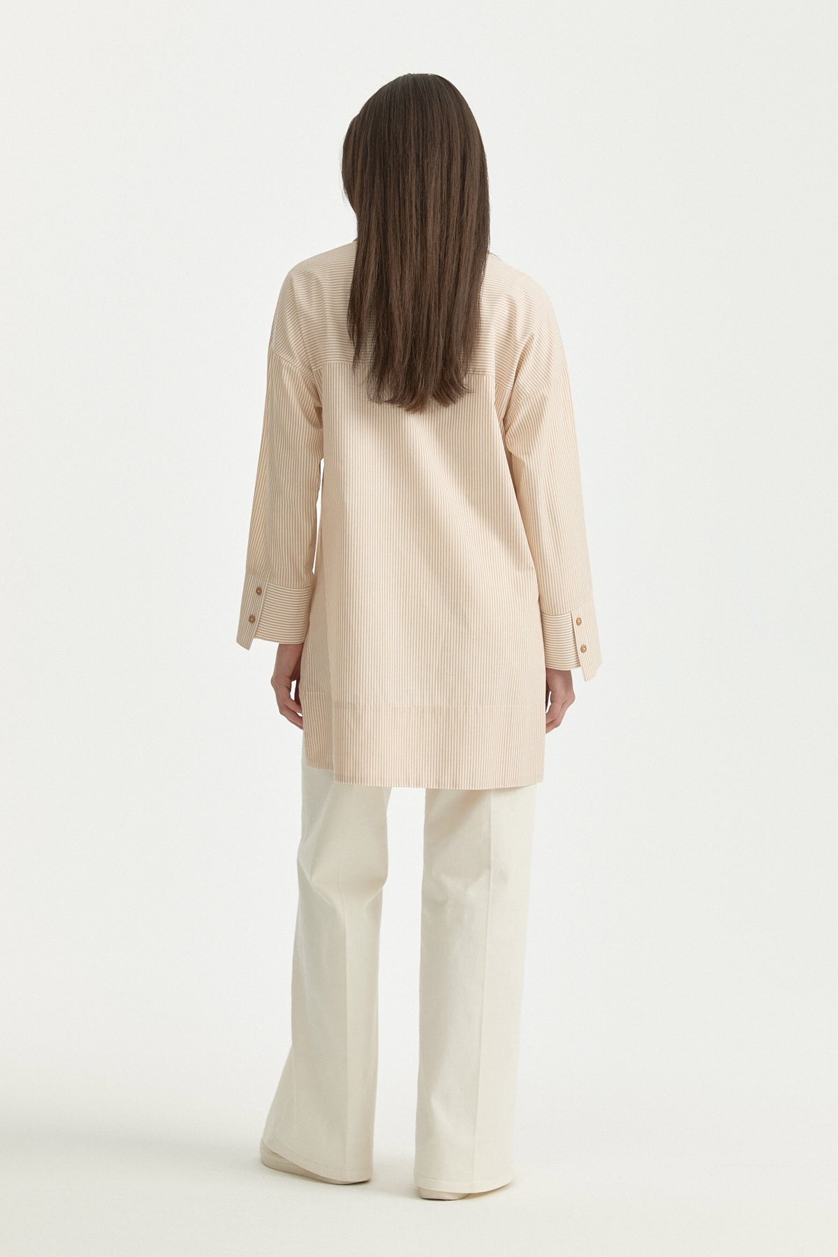 Nakış Detaylı Çizgili Pamuk Tunik - Camel