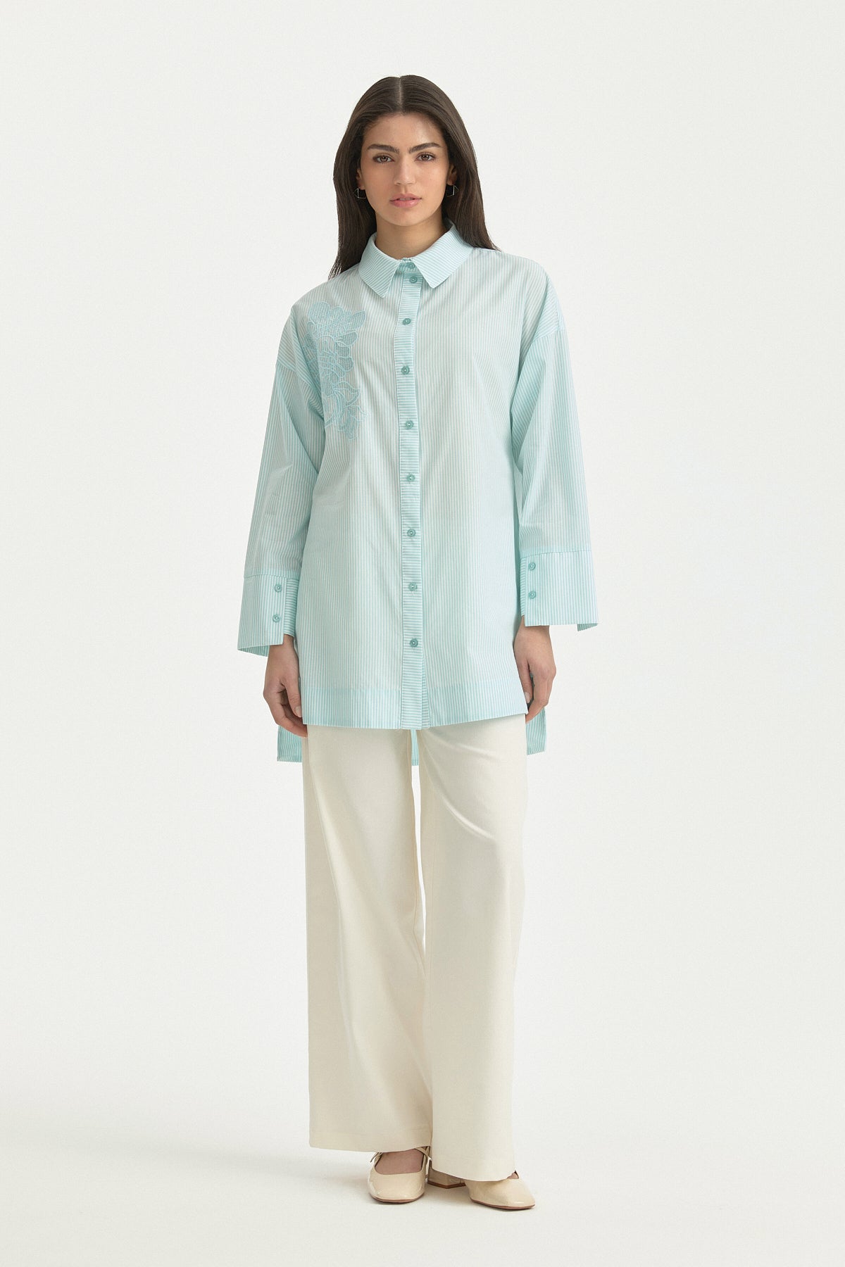 Nakış Detaylı Çizgili Pamuk Tunik - Mint
