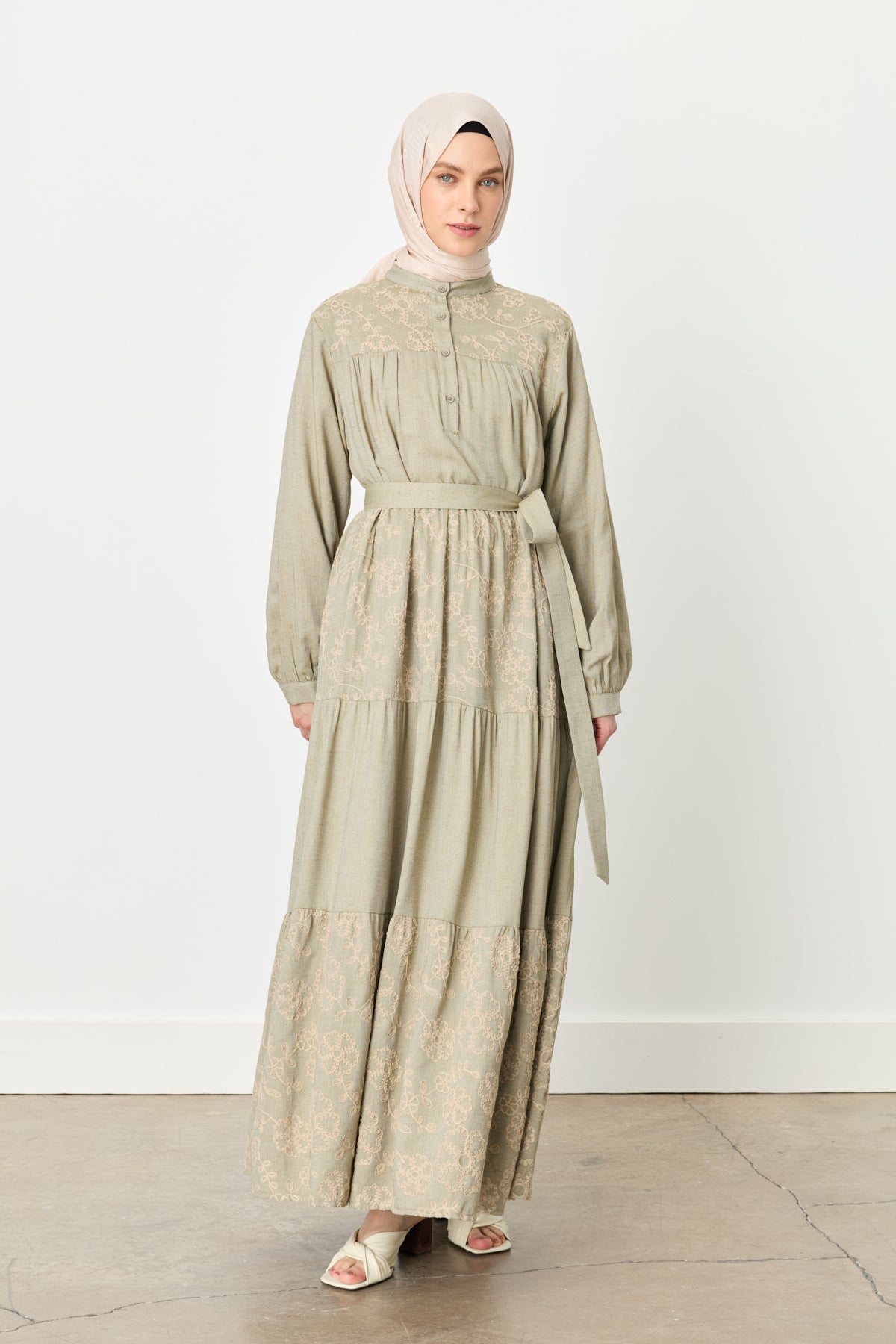 Embroidered Detail Gathered Hem Linen Dress - Khaki