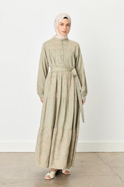 Embroidered Detail Gathered Hem Linen Dress - Khaki
