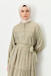 Embroidered Detail Gathered Hem Linen Dress - Khaki