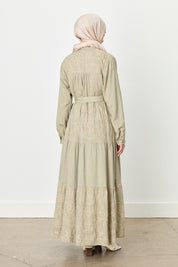 Embroidered Detail Gathered Hem Linen Dress - Khaki