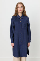 Embroidered Detail Shirt Collar Viscose Tunic - Navy Blue