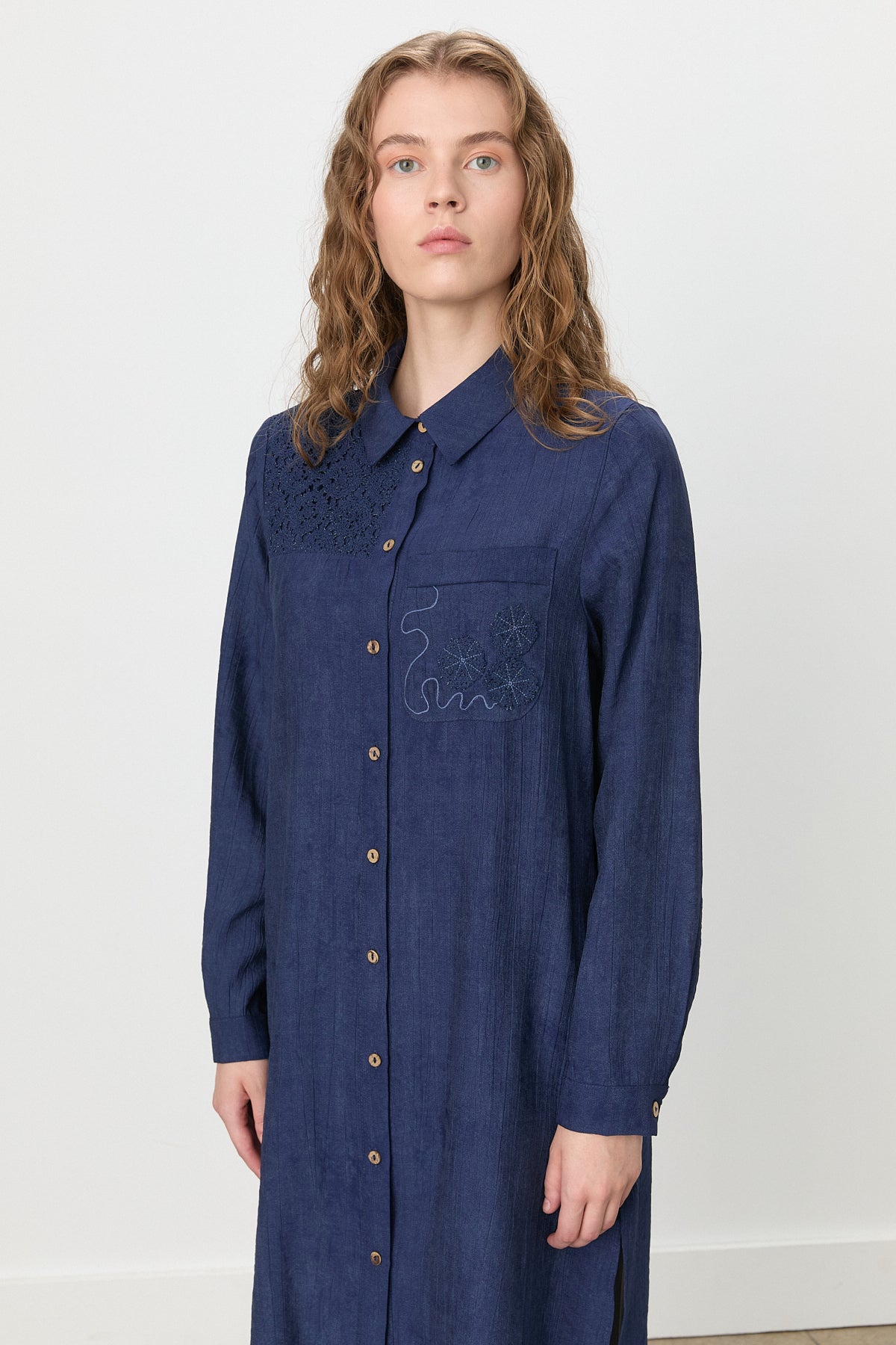 Embroidered Detail Shirt Collar Viscose Tunic - Navy Blue