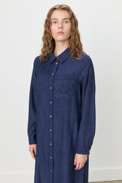 Embroidered Detail Shirt Collar Viscose Tunic - Navy Blue