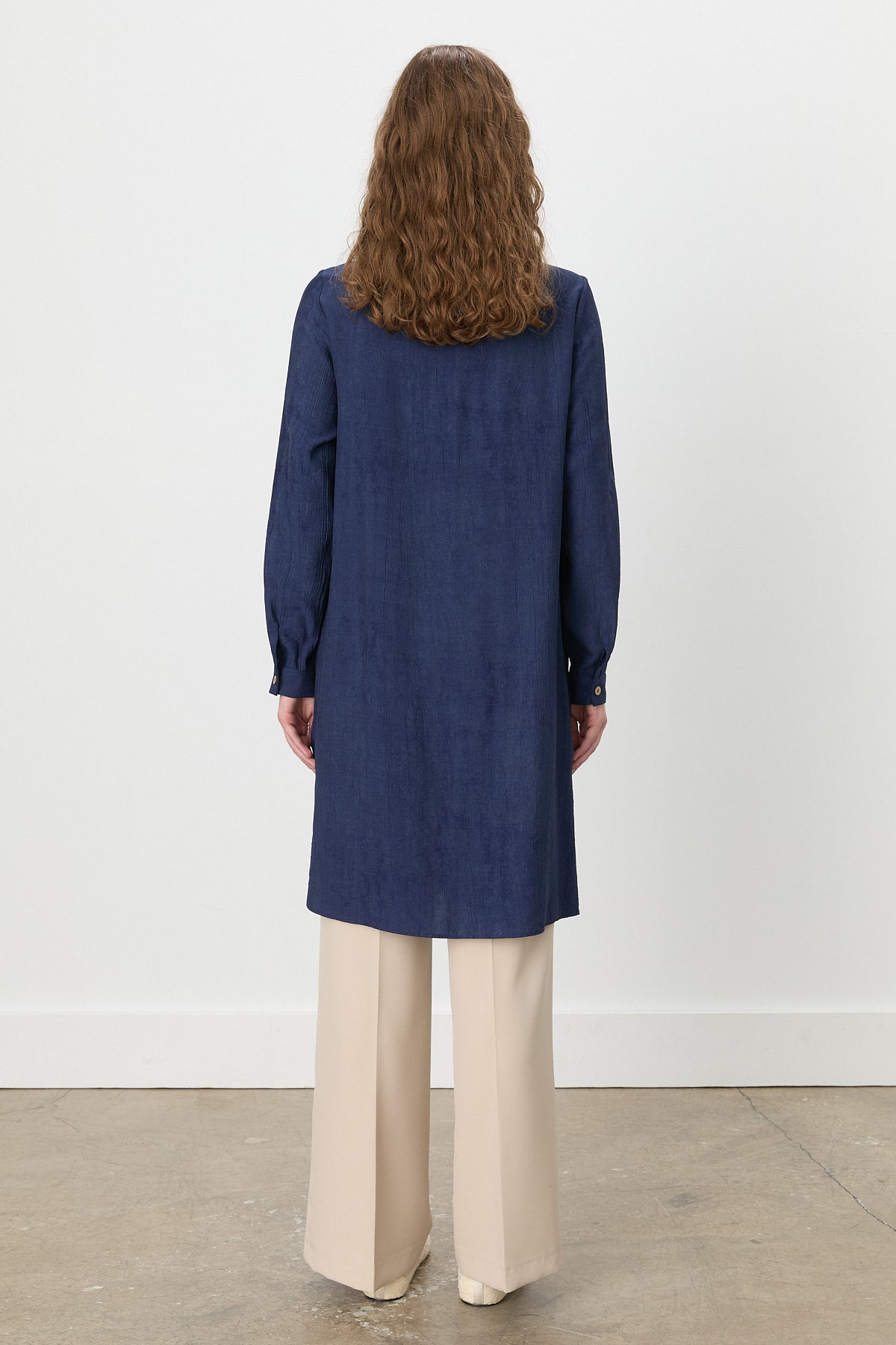 Embroidered Detail Shirt Collar Viscose Tunic - Navy Blue