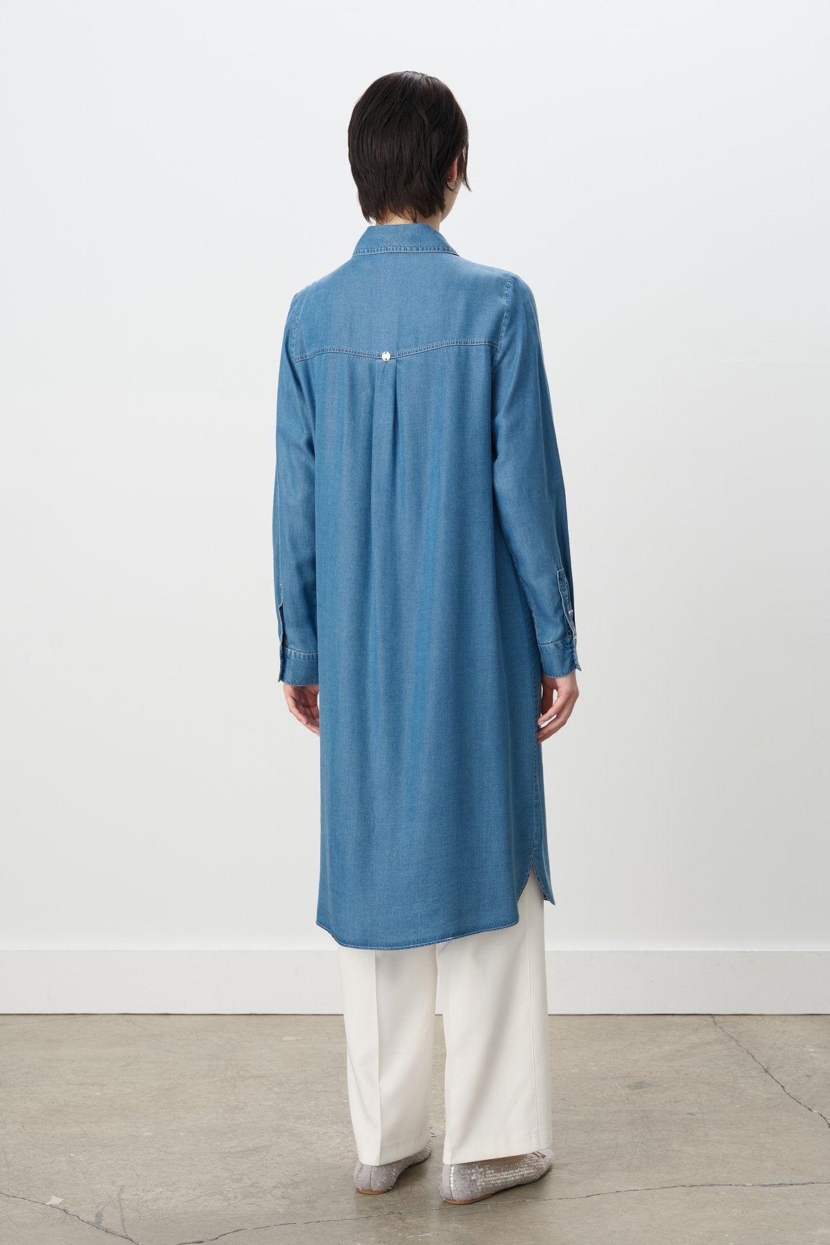 Nakış Detaylı Gömlek Yaka Tencel Tunik - Buz
