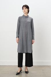 Nakış Detaylı Gömlek Yaka Tencel Tunik - Gri