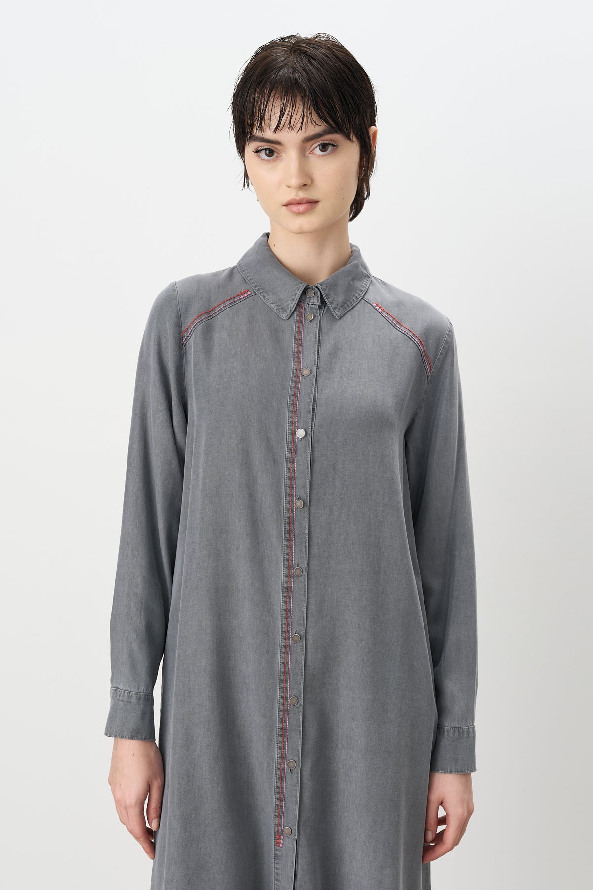 Embroidered Detail Shirt Collar Tencel Tunic - Grey