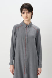 Embroidered Detail Shirt Collar Tencel Tunic - Grey