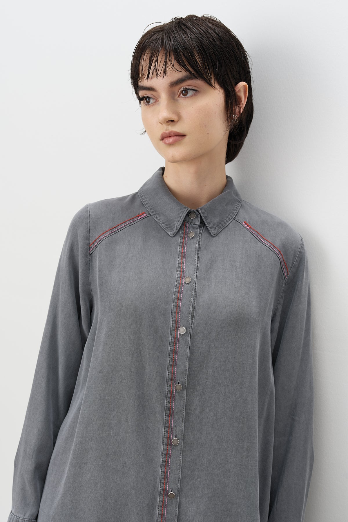 Embroidered Detail Shirt Collar Tencel Tunic - Grey