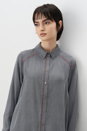 Embroidered Detail Shirt Collar Tencel Tunic - Grey