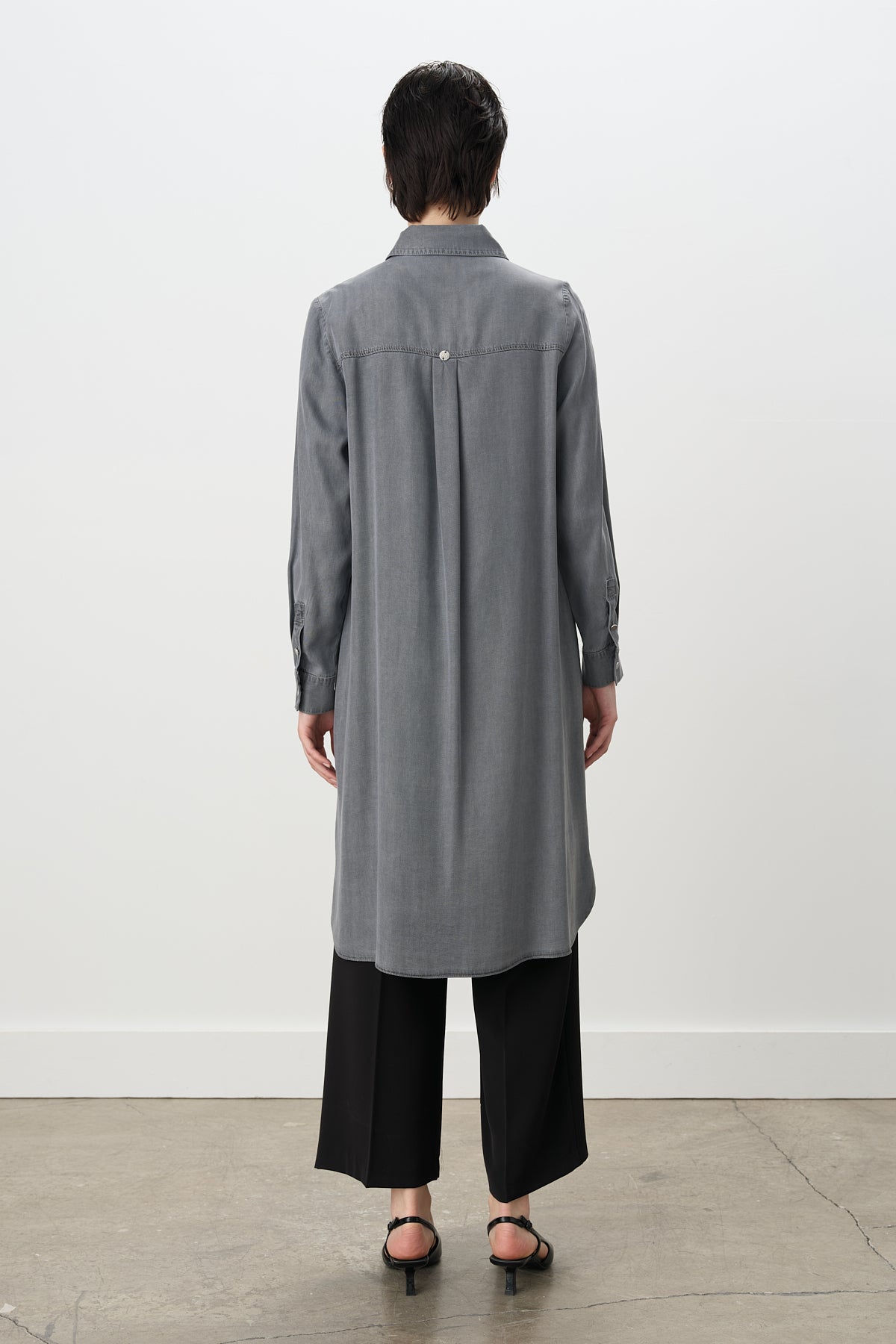 Embroidered Detail Shirt Collar Tencel Tunic - Grey