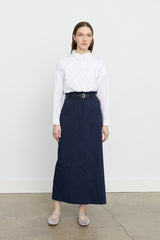 Embroidered Detail Belted Canvas Denim Skirt - Navy