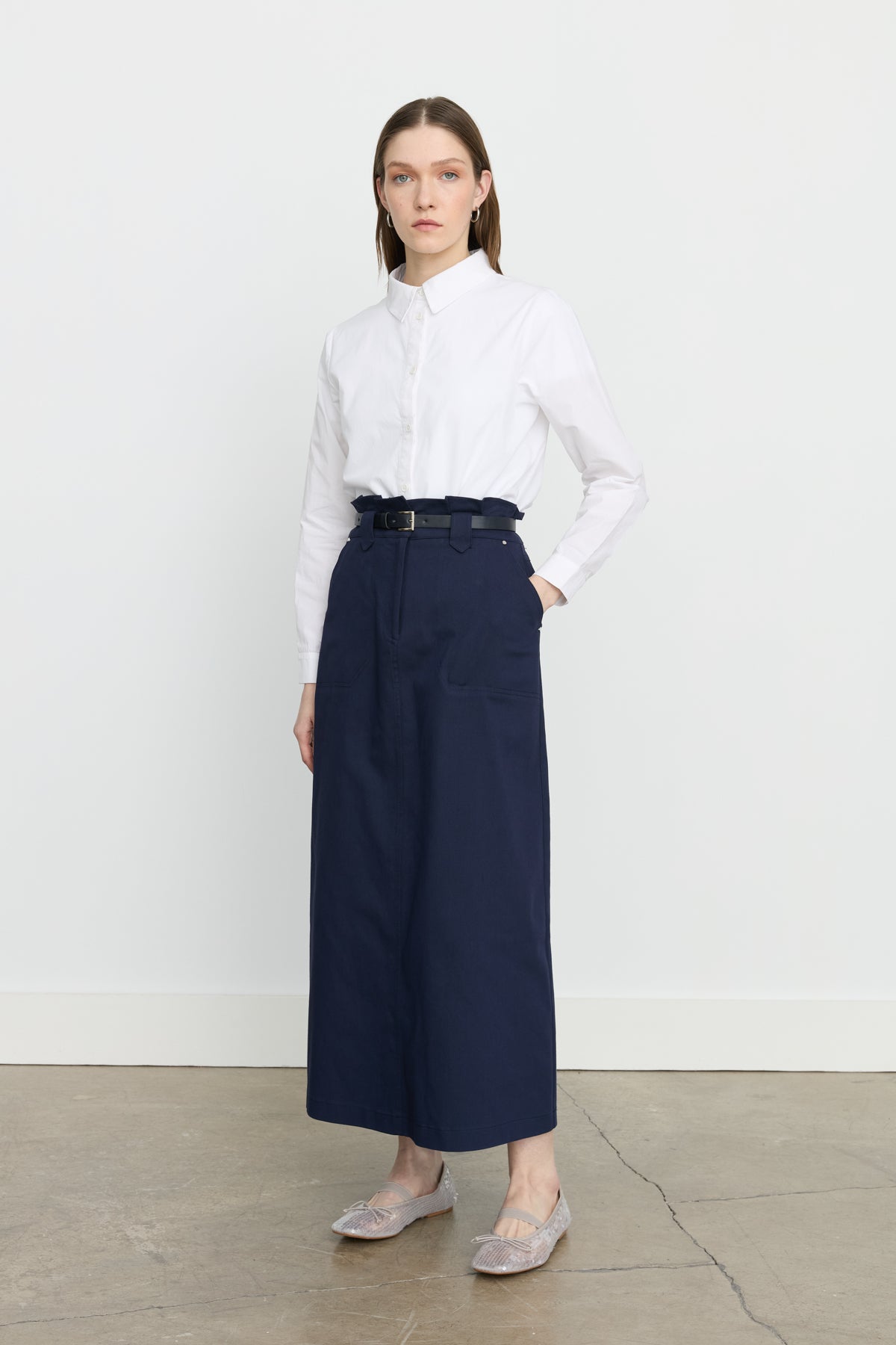Embroidered Detail Belted Canvas Denim Skirt - Navy