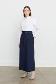 Embroidered Detail Belted Canvas Denim Skirt - Navy