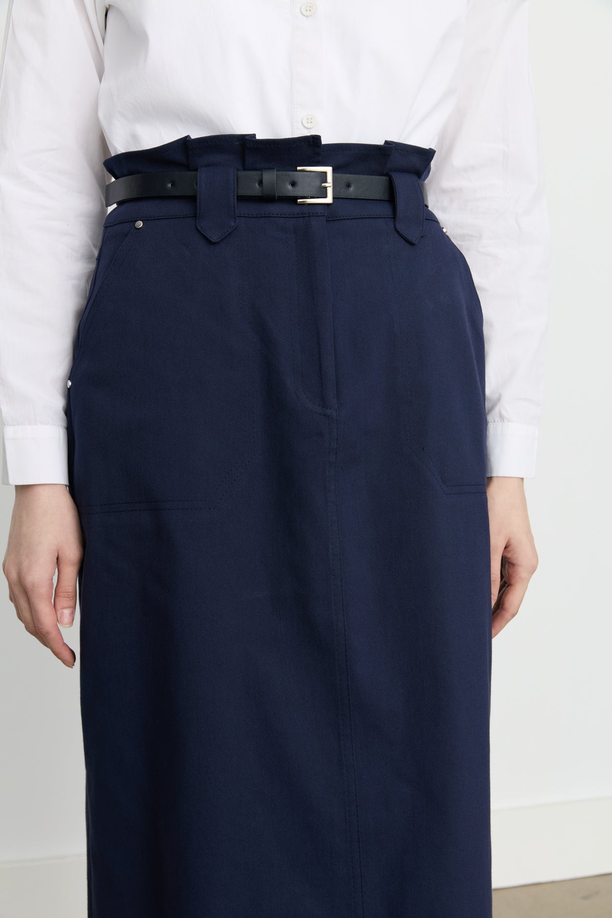 Embroidered Detail Belted Canvas Denim Skirt - Navy