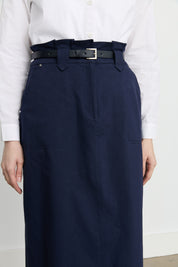 Embroidered Detail Belted Canvas Denim Skirt - Navy