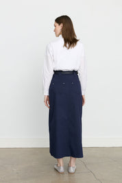 Embroidered Detail Belted Canvas Denim Skirt - Navy